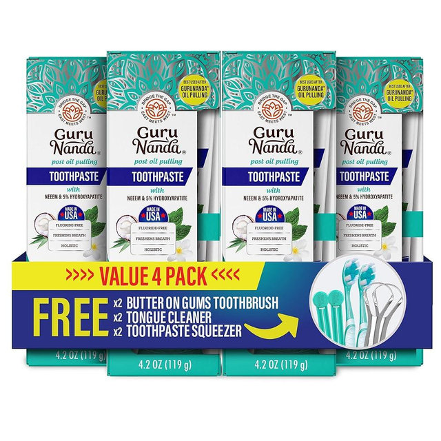 GuruNanda Hydroxyapatite Toothpaste, SLS & Fluoride Free (4 Pack), Whitening Toothpaste - Freshens Breath, Fights Plaque - with 2 Toothbrushes, 2 Tongue Scrapers & 2 Tube Squeezers