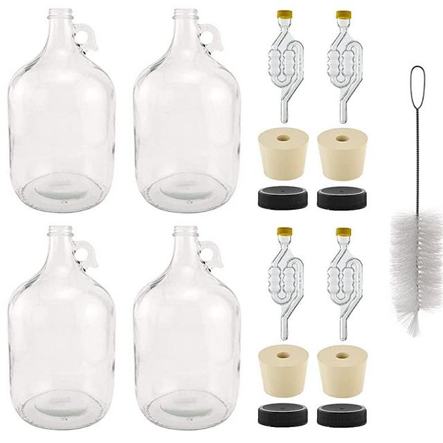 North Mountain Supply 1 Gallon Glass Fermenting Jug with Handle, 6.5 Rubber Stopper, 6-Bubble Airlock, Black Plastic Lid - Set of 4 - with Cleaning Brush