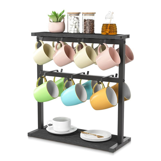 EsLuker.ly Coffee Mug Holder Cup Tree Rack for Countertop, 2 Tier Rustic Wood Coffee Bar Station Organizer Narrow Display Stand for Kitchen Office, Hold 14 Mugs with Sturdy Base, Free Up Counter Space