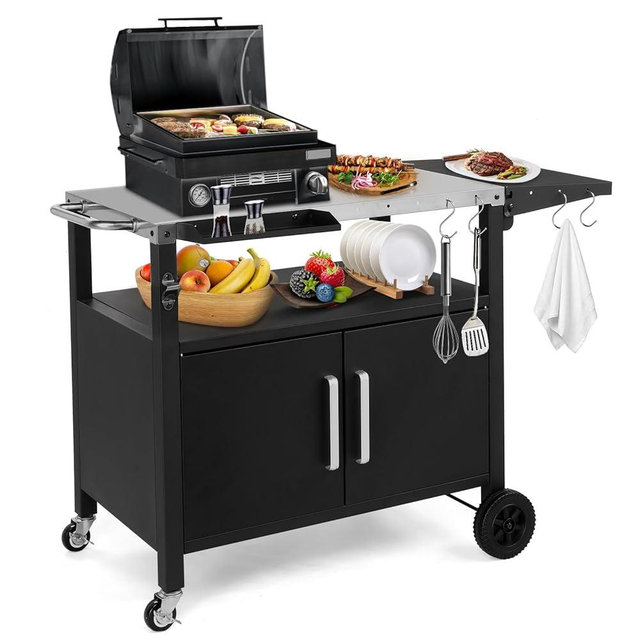 Outdoor Grill Cart with Storage, Rolling Outdoor Bar Cart and Foldable Korean BBQ Table, Movable Outdoor Kitchen Island and BBQ Cart for Patio Dining and Food Prep, with Wheels and Hooks