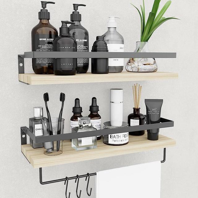 MZF Home Decor Floating Shelves, Wall Shelves with Towel Bar/Hooks, Bathroom Wall Decor, Floating Shelves Wood for Bathroom/Living Room/Kitchen/Bedroom,(Black-Natural) Floating Bathroom Shelves
