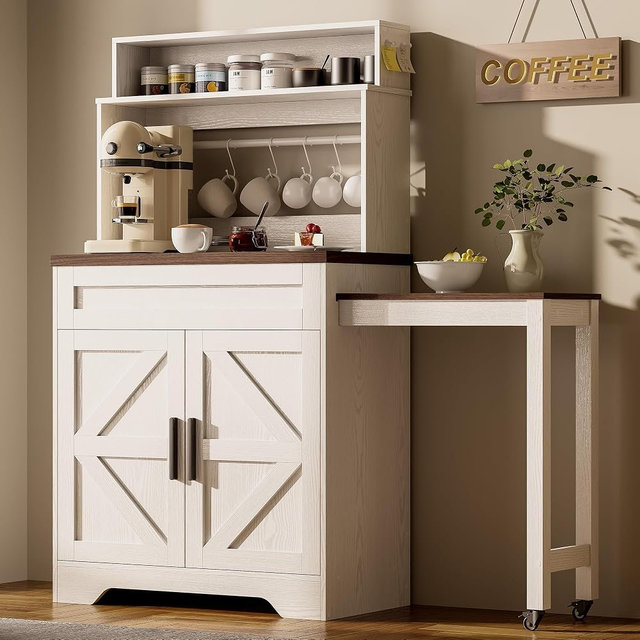 LIKIMIO 57" Farmhouse Coffee Bar Cabinet, Mobile Kitchen Island with 25.6" Extendable Table & Locking Wheels, Space-Saving Storage Cart with Magnetic Board, Hooks, Shelf for Kitchen Apartment, White