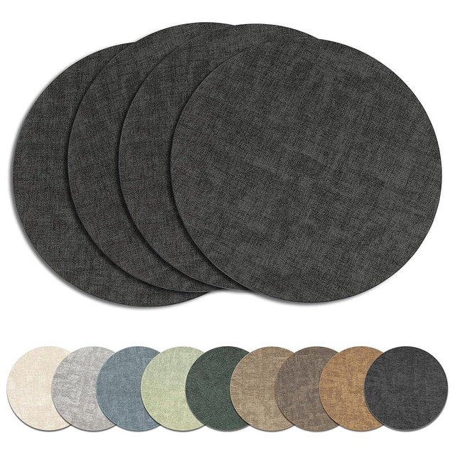 Round Placemats Set of 4, Reversible Faux Leather Heat Resistant Table Mats, 100% Waterproof Oilproof Wipeable Table Protective Placemats for Vinyl, Washable for Indoor & Outdoor Use (4, Black)