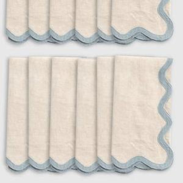 European Linen Scallop Edge Napkins (Set of 12) in Flax/Dusty Blue
