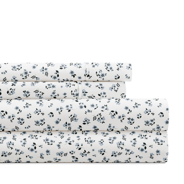 Delicate Blossoms Floral Patterned Ultra-Soft 4 Piece Bed Sheet Set - Becky Cameron, Ditsy Floral Blue Fog, King