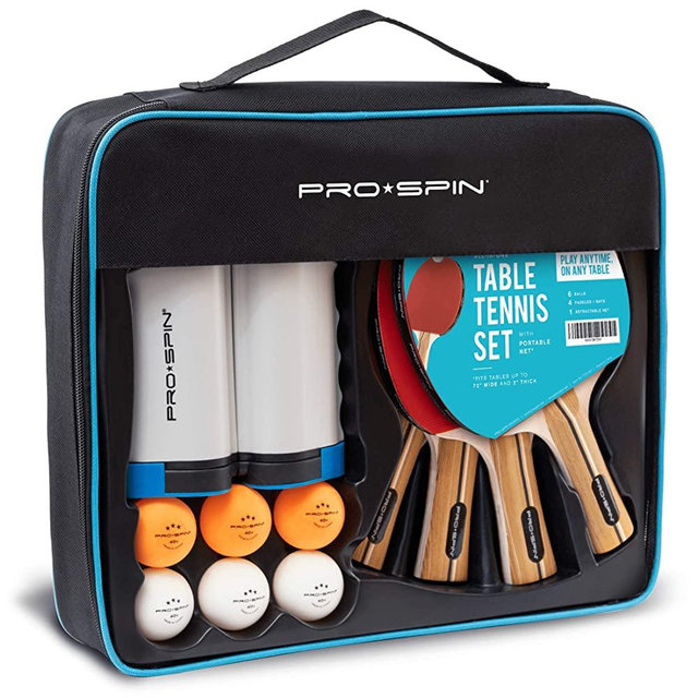 PRO SPIN Play Anywhere Portable Ping Pong Set – 4-Player Kit with Ping Pong Net for Any Table, Premium Ping Pong Paddles, 3-Star Balls, Convenient Storage Case | Table Tennis Set with Retractable Net