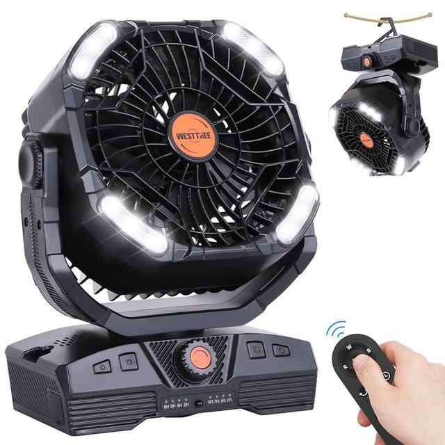 WESTTREE Camping Fan 20000mAh Rechargeable Battery Operated fan Outdoor Tent Fan with Light & Hook 270° Pivot, knob Speeds, Personal USB Desk Fan for Camping Power Outage Jobsite Black X68