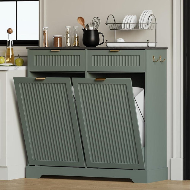 METOTI 2x13 Gallons Double Tilt Out Trash Can Cabinet, Wooden Fluted Trash Garbage Can Cabinet with 2 Drawers, Hidden Laundry Hamper with Hooks for Kitchen Living Room, Green