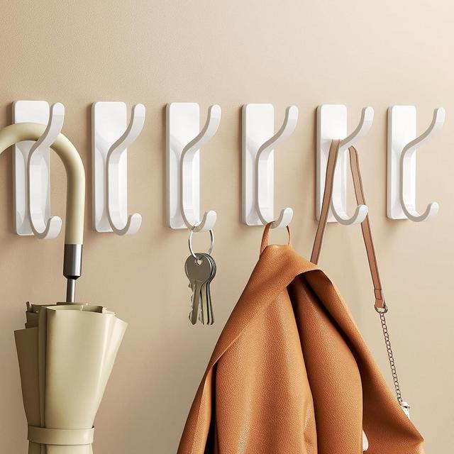 pickpiff Self Adhesive Wall Hooks for Hanging - Stick On Holds 13 LB, Door Hooks for Towels, Coats, Purse, Bags, Hanger for Shower, Bathroom, Kitchen – Stainless, Metal, White 6 Pack