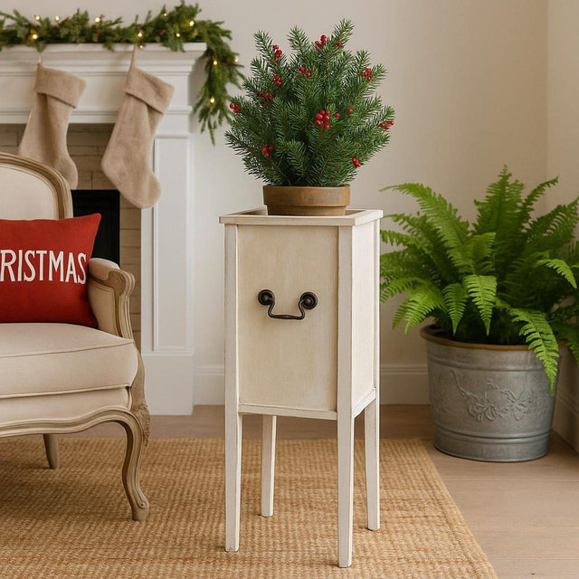 Vintage Wood Planter Stand • Tall Farmhouse Plant Holder • Whitewashed Pot Stand 19.5” • Rustic Indoor Planter Box with Handle • 10x10