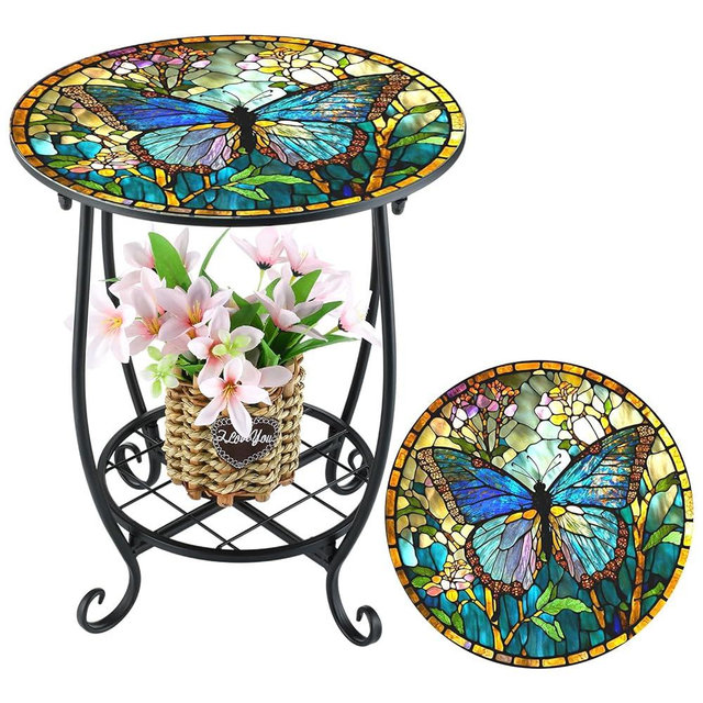 Cinnvoice Outdoor Side Table Round Small Mosaic Patio Accent Indoor End Plant Metal Coffee Tea Table for Yard Porch Garden Patio Living Room, Bedroom (Butterfly Style,14 Inch)
