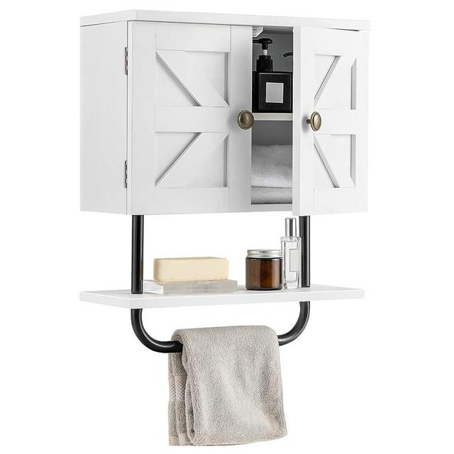 Tangkula Wall Mounted Bathroom Cabinet, 2 Doors Wooden Space Saving Medicine Cabinet with Open Shelf and Towel Bar, Multifunctional Over The Toilet Storage Organizer Kitchen Cupboard (White)
