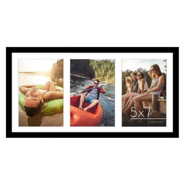 Americanflat Collage Picture Frame in Black MDF with Three Displays of 5" x 7" Wood with Lead Free Glass for Wall - 8" x 16" - 8x16