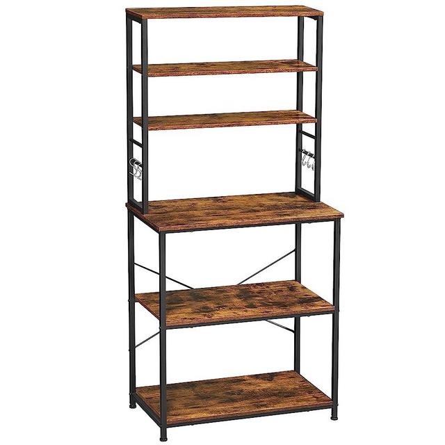 VASAGLE Baker's Rack, Microwave Oven Stand, Kitchen Tall Utility Storage Shelf, 6 Hooks and Metal Frame, Industrial, 15.7 x 23.6 x 65.7 Inches, Rustic Brown and Black UKKS024B01