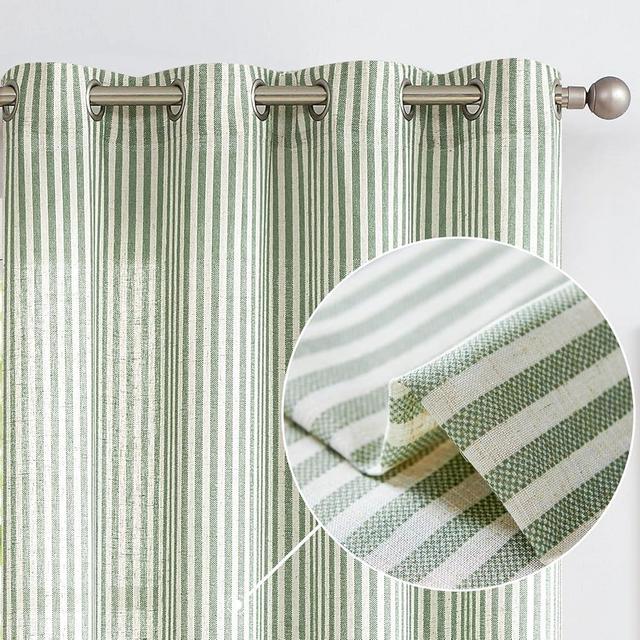 Vangao Linen Blend Stripe Curtains Tickingstripe Light Filtering Window Curtains Green Pinstripe Printed on Beige Drapes 63 Inches Length for Living Room Bedroom Grommet Top 2 Panels