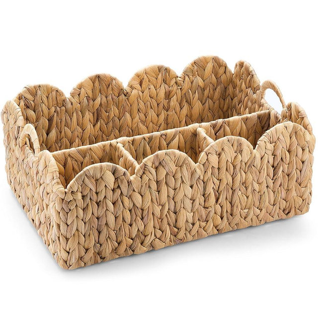 Acellegic Scalloped Edge Wicker Basket Divided Storage Hand Woven Rattan Water Hyacinth Basket 4 Section Rectangular Tray for Organizing Decor Bathroom Bedroom Kitchen Shelves Office Organization