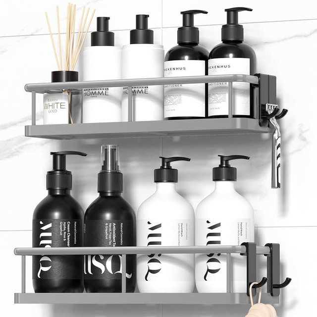 YASONIC Shower Caddy Adhesive, No Drill Bathroom Shower Organizers, with Removable Hooks, Rust Proof Shower Shelves, Wall-Mounted Shower Holder, Grey, 2 Pack