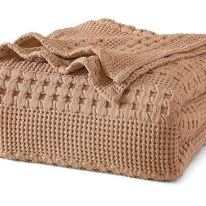 PHF 100% Cotton Waffle Weave Blanket Queen Size, Lightweight Washed Cotton Blanket for Spring & Summer - 90"x90" Aesthetic Soft Woven and Breathable Blanket for Bed Sofa Home Decor - Camel