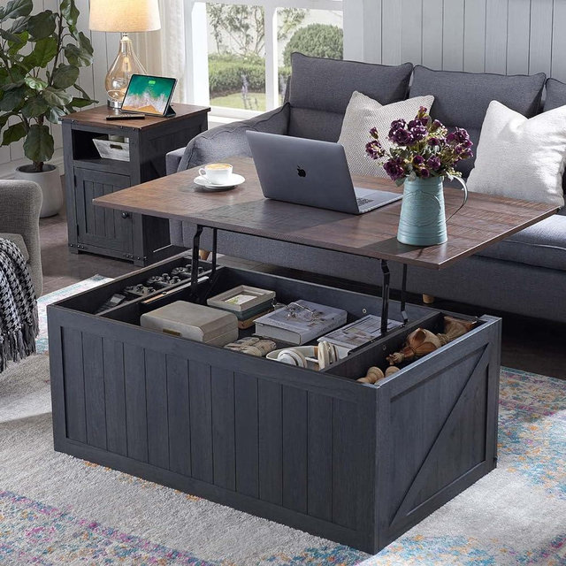 IFGET Lift Top Coffee Table with Double Storage Spaces, Farmhouse Rustic Wood Center Table with Sliding Groove Barn Door, Coffee Table Converts to Dining Table for Living Room Office (Dark Grey)