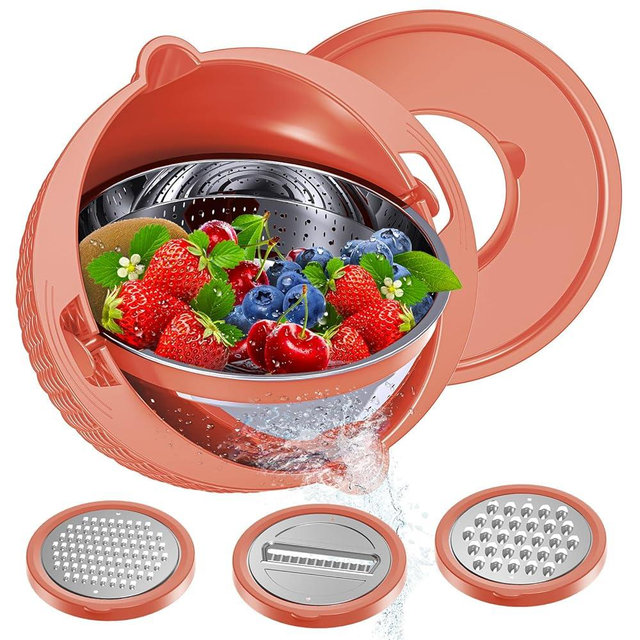 4-1 Colander with Bowl Set - Rotatable Strainers for Kitchen, Food Strainers and Colanders, Pasta Strainer, Rice Strainer, Fruit Cleaner, Veggie Wash, Kitchen Gadget Essentials - Orange