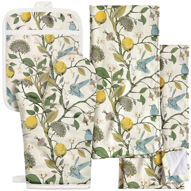 Miss Adola Cotton Kitchen Towels, Oven Mitt and Pot Holder Sets - Cute Funny Farmhouse Boho Quilted Lining Heat Resistant Set with Hanging Loop, Lemon Bird