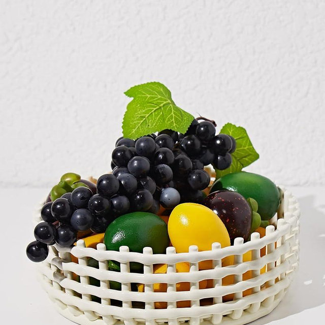UPWOIGH Large Beige Circular Glazed Ceramic Fruit Basket Bowl, 10.9x3.78in Big Modern Table Decor Handmade Premium Personalized Ceramic Decorative Storage Organizer for kitchen, Breads,Vegetables