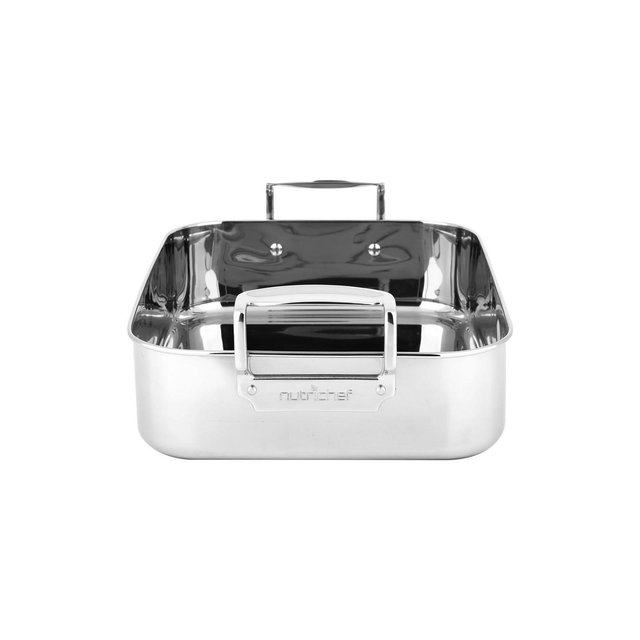 NutriChef Roasting Pan with Polished Rack, Wide Handle, and Stainless Steel Lid