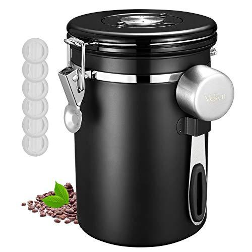 Veken Coffee Canister, Airtight Stainless Steel Kitchen Food Storage Container with Date Tracker and Scoop for Beans, Grounds, Tea, Flour, Cereal, Sugar, 22OZ, Black