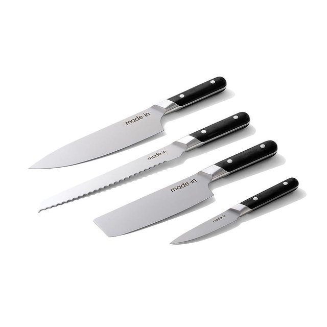 Made In Cookware - 4 Piece Knife Set - Includes Chef Knife, Bread Knife, Paring Knife and Nakiri Knife - Full Tang With Truffle Black - Made in France