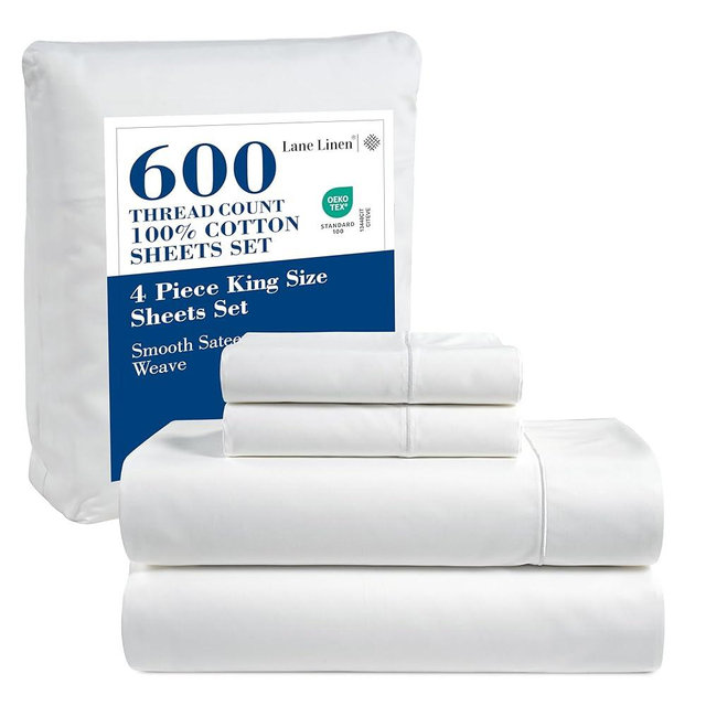 LANE LINEN King Size Sheets Set – 600 Thread Count Long-Staple 100% Cotton Sheets, Naturally Cool & Durable for Everyday Use, 15" Deep Pocket Fitted Sheet with All-Around Elastic for Snug Fit – White