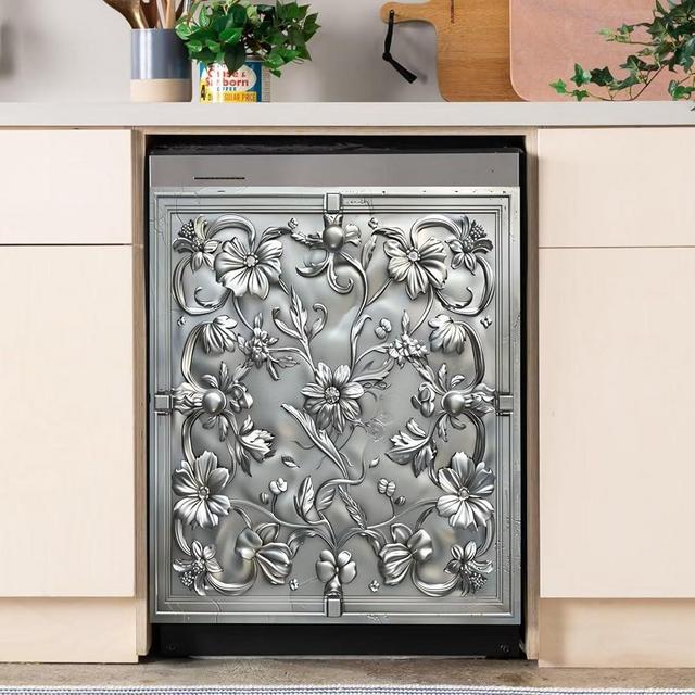 Metal Flower Pattern Dishwasher Magnet Cover Sliver Stainless Steel Magnets for Refrigerator Dishwasher Magnetic Decal Dishwasher Door Cover Sticker Kitchen Decor 23" W x 26" H