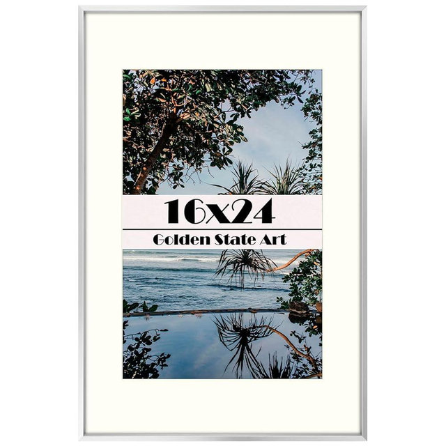Golden State Art, 16x24 Silver Picture Frame Displays Photo 12x18 with Mat or 16 x 24 Without Mat for Wall Mounting, Classic Satin Aluminum Frames with Real Glass (Pack of 1)