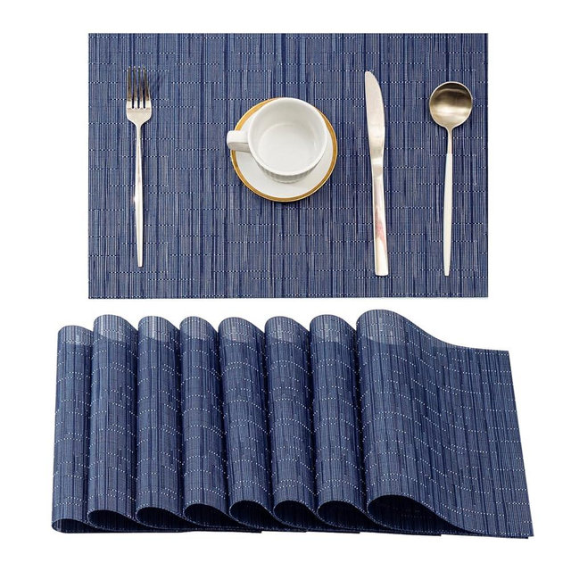Leetaltree Blue Placemats Set of 8 - Heat Resistant Non-Slip Place mats for Dining Table, Washable Durable PVC Vinyl Woven Table Mats（Blue, 8）
