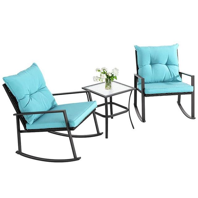 Walsunny 3 Pieces Patio Set Outdoor Wicker Patio Furniture Sets Modern Rocking Bistro Set Rattan Chair Conversation Sets with Coffee Table(Blue)