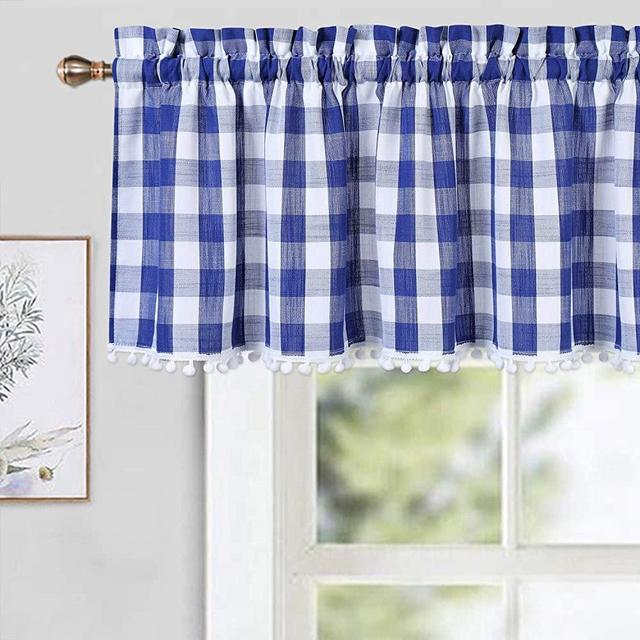 CAROMIO Buffalo Check Plaid Gingham Pom Pom Valance Curtains for Kitchen Cafe Curtains Bathroom Window Curtains, Blue/White, 52x15 in