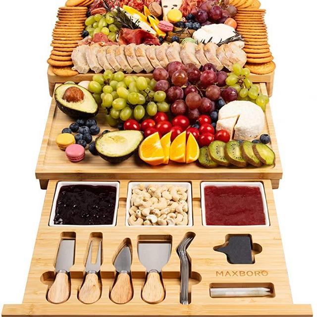 Extra Large Charcuterie Board Set, Maxboro Premium Bamboo Cheese Board and Knife Set, Cool Meat & Cheese Platter Tray, House Warming Gifts for New Home