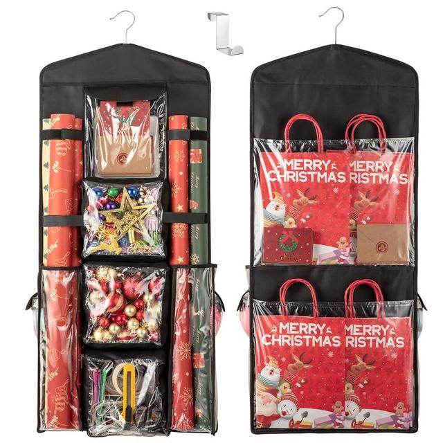 EOLIMEX Hanging Double-Sided Wrappping Paper Organizer, Gift Wrap Storage Organizer Containers, Wrapper Paper Holder for Present, Oxford Pockets for Christmas、Holiday、Home Organization (Black)