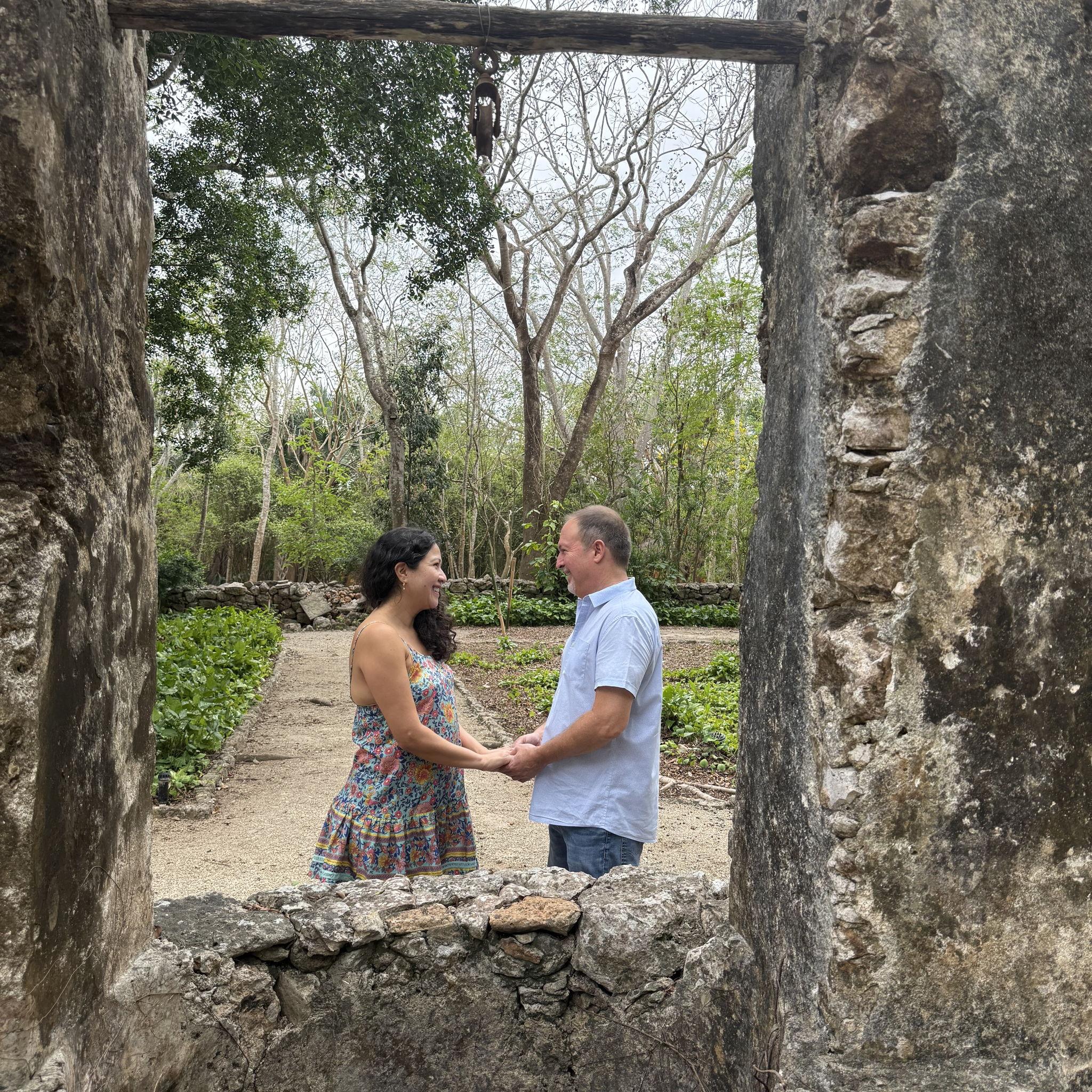 Having a romantic moment at  the Hacienda Temozon near Merida, Mexico