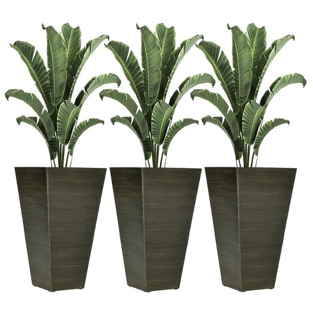 Outsunny 28" Tall Outdoor Planters, Set of 3 Large Taper Planters with Drainage Holes and Plug, Faux Wood Plastic Flower Pots, Dark Brown