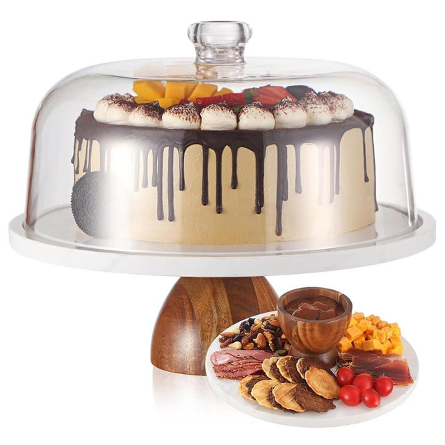 Marble Cake Stand with Dome，2-In-1 Cake Stand&Charcuterie Board With Lid，Marble and Acacia Wood Cake Stand with Acrylic Dome，Pedestal Cake Display Stand Cake Plate Cake Holder Cake Platter with Cover