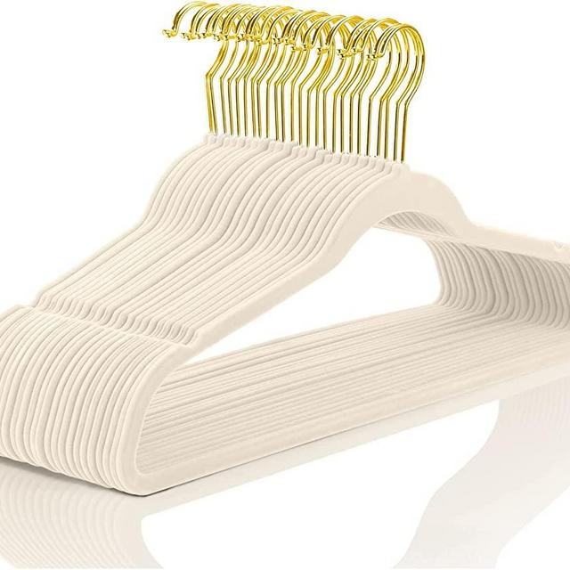MIZGI Premium Velvet Hangers Pack 60 Pcs Heavyduty - Non Slip Slimline - Velvet Suit Hangers Ivory - Gold Hooks,Space Saving Clothes Hangers