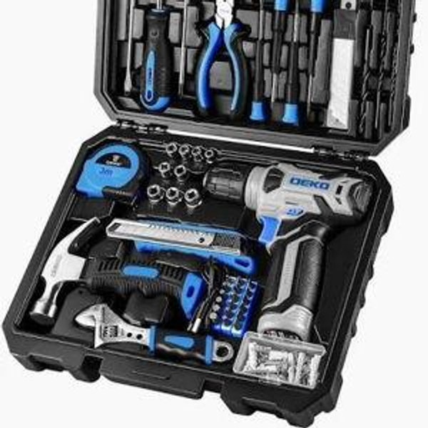DEKOPRO Drill Set: Tool Set with 8V Blue Cordless Drill, Home Tool Kit with Drill, Hand Tool Kits for Women 126 Piece