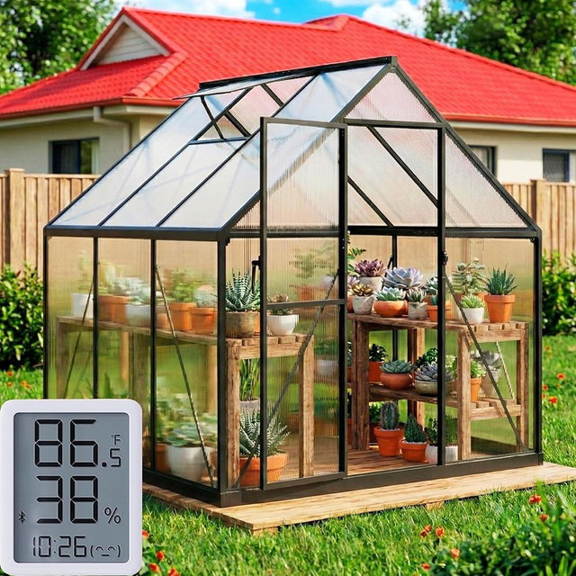 6X6 FT Polycarbonate Greenhouse with Hygrometer, Walk in Green House for Outside, Reinforced Aluminum Frame Greenhouses, Heavy Duty Garden, Patio, Backyard Flower Planting