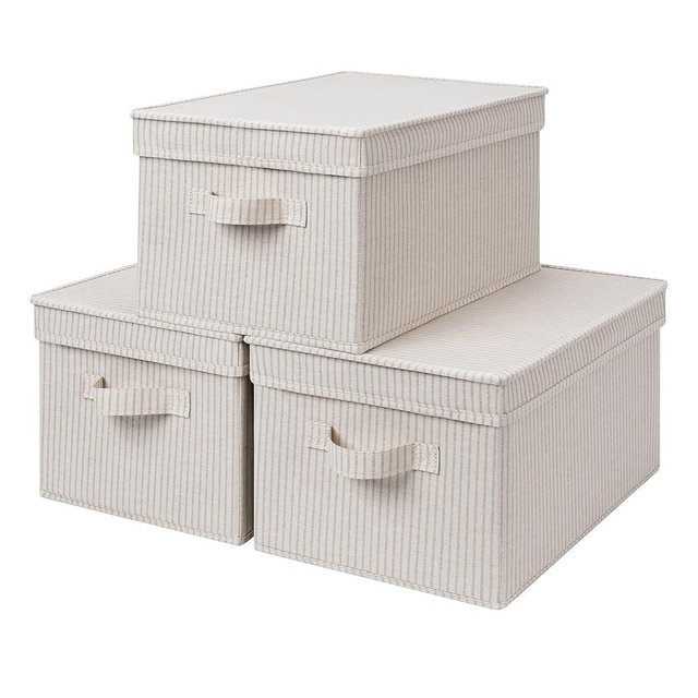 StorageWorks Storage Bins with Lids, Decorative Storage Boxes with Handles, Foldable Storage Baskets for Closet, Shelves, Stackable, Khaki Stripe, Large, 3-Pack