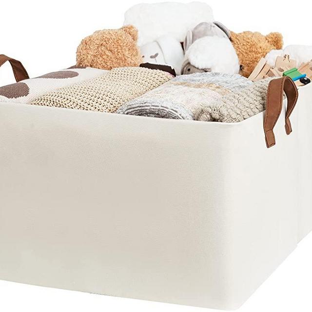StorageWorks 45L Extra Large Fabric Storage Bins with PU Handles, Storage Baskets for Organizing, Large Laundry Basket, 2-Pack, Beige