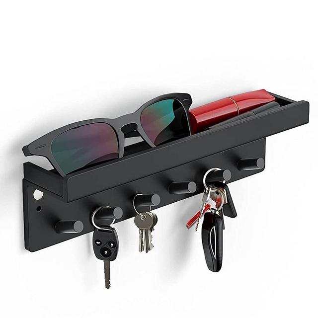 HIIMIEI Magnetic Key Rack with Tray, 6 Hooks Black Acrylic Wall Mounted Key Holder with Top Shelf for Entryway Hallway, 9.6X2.8X1.9inch