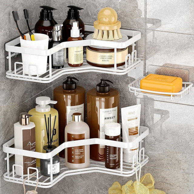 MAXIFFE Shower Caddy, 3-Pack Shower Organizer with Soap Holder, Corner Shower Caddy with 8 Hooks, Wall Mounted Shower Shelf for Bathroom, Kitchen, Countertop, White