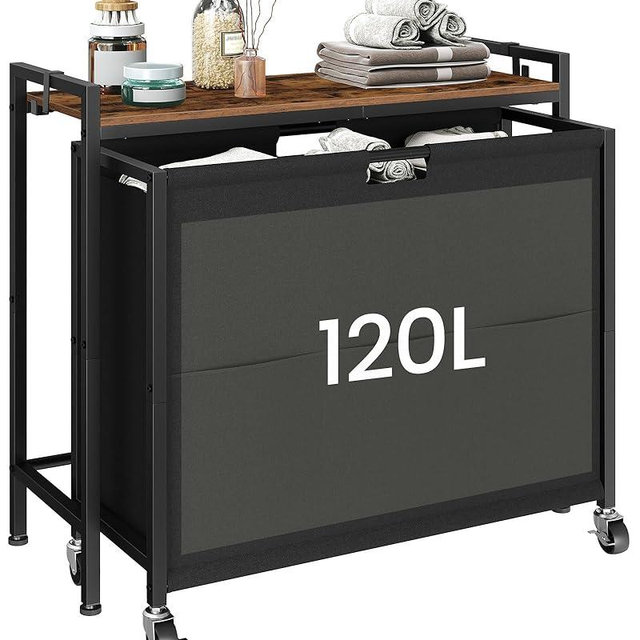 CHOEZON Laundry Sorter, Laundry Hamper with Storage Shelf, Mobile 2-in-1 Basket Organizer, 120 L Rolling Hamper, Large Bags and Movable Wheels, Metal Frame, Rustic Brown and Black TXY01BF