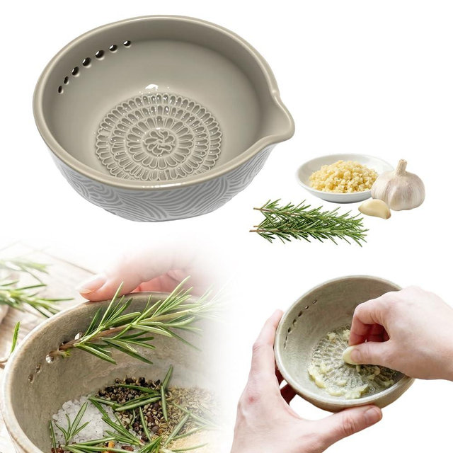Handmade Garlic Grater & Herb Bowl, 2026 Upgrade 2in1 Stoneware Kitchen Grater Plate Tools, Efficient Herb Stripper Dish for Fresh Garlic Ginger Herbs Lemon Cheese Easy to Clean Kitchen Prep Tool (1)