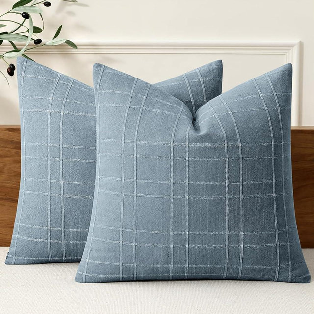 MIULEE Decorative Linen Check Throw Pillow Covers Neutral Farmhouse Vintage Pillow Covers 18x18 Set of 2 Boho Modern Home Decor for Sofa Couch Bedroom Cushion Blue Grey